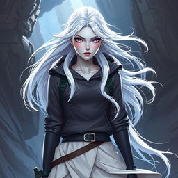 In the style of D&D character art, illustrate Lucira as a striking female figure with sleek silver skin and ethereal white hair that seems to float gently around her