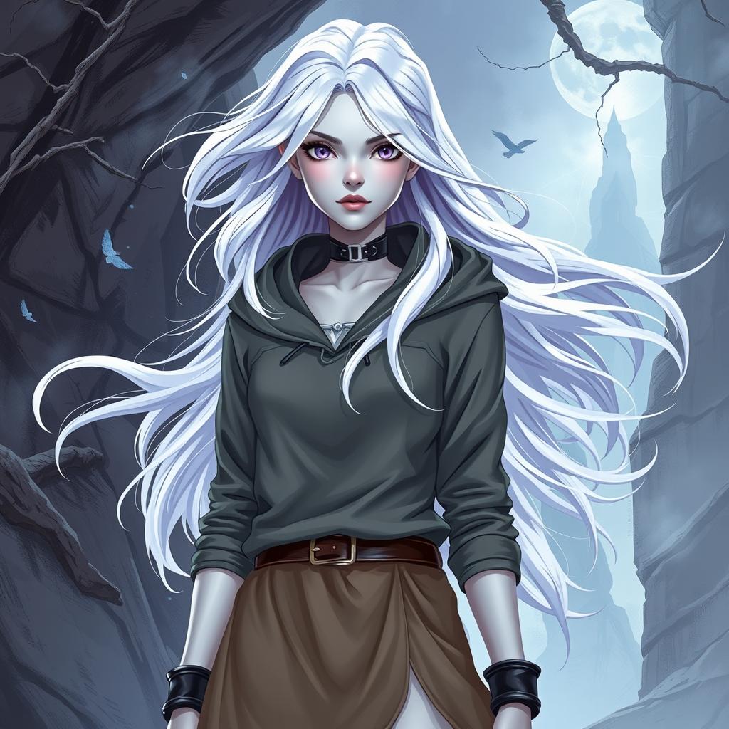 In the style of D&D character art, depict Lucira as a striking female figure with sleek silver skin and ethereal white hair that appears to float faintly around her