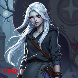 In the style of D&D character art, depict Lucira as a striking female figure with sleek silver skin and ethereal white hair that appears to float faintly around her