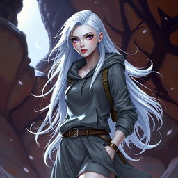 In the style of D&D character art, depict Lucira as a striking female figure with sleek silver skin and ethereal white hair that appears to float faintly around her