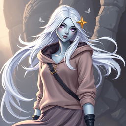 In the style of D&D character art, depict Lucira as a striking female figure with sleek silver skin and ethereal white hair that appears to float gently around her