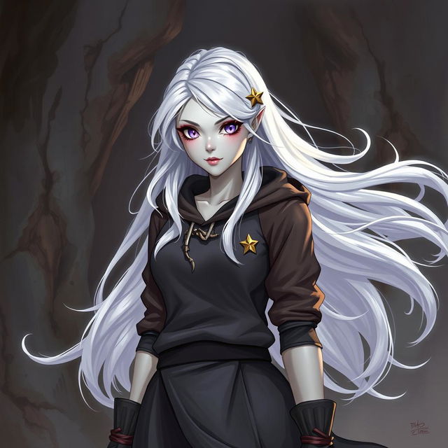 In the style of D&D character art, depict Lucira as a striking female figure with sleek silver skin and ethereal white hair that appears to float gently around her