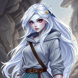 In the style of D&D character art, depict Lucira as a striking female figure with sleek silver skin and ethereal white hair that appears to float gently around her