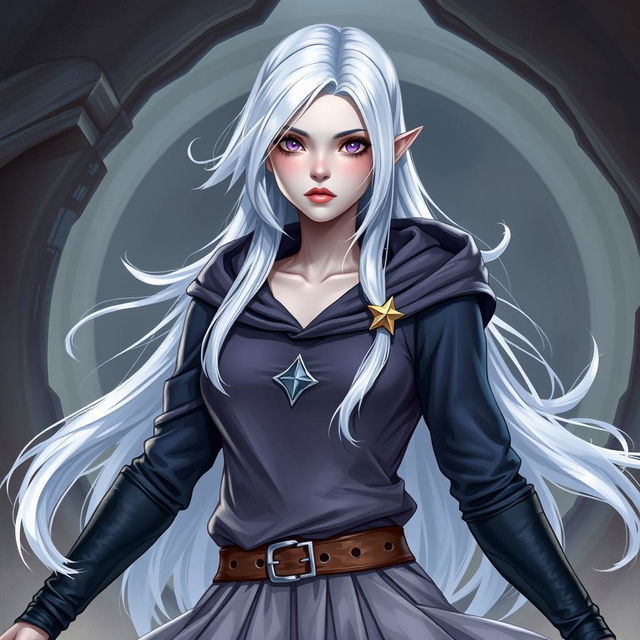 In the style of D&D character art, portray Lucira as an eye-catching female figure with sleek silver skin and white hair that appears to float faintly around her