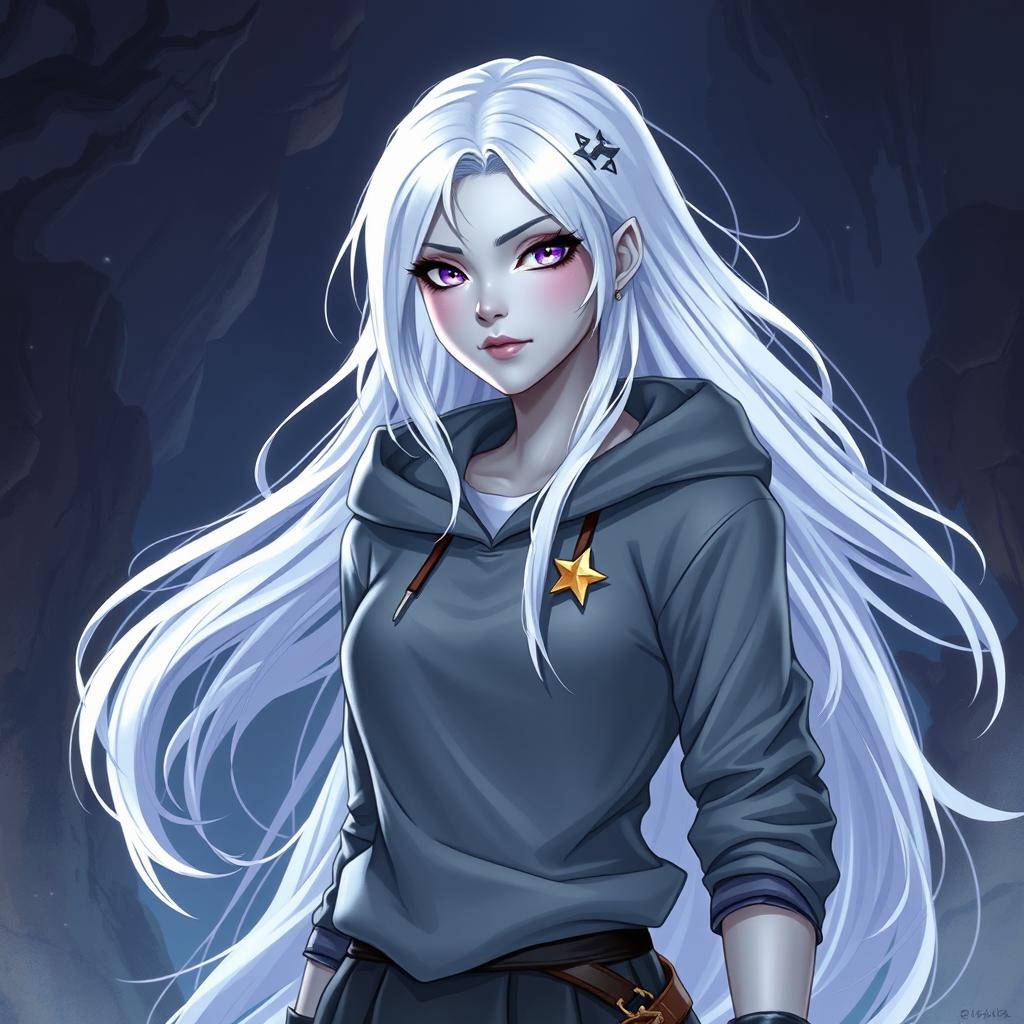 In the style of D&D character art, portray Lucira as an eye-catching female figure with sleek silver skin and white hair that appears to float faintly around her