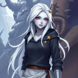 In the style of D&D character art, portray Lucira as an eye-catching female figure with sleek silver skin and white hair that appears to float faintly around her