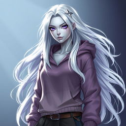 In the style of DnD character art, a character named Lucira stands striking and captivating, featuring sleek silver skin that gleams under light