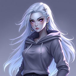 In the style of DnD character art, a character named Lucira is depicted as a striking figure, with sleek silver skin that reflects light elegantly