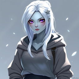 In the style of DnD character art, a character named Lucira is depicted as a striking figure, with sleek silver skin that reflects light elegantly
