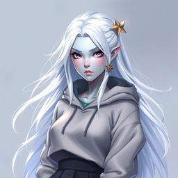 In the style of DnD character art, Lucira is a striking figure characterized by her sleek silver skin that reflects light in a mesmerizing way