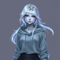 In the style of DnD character art, Lucira is a striking figure characterized by her sleek silver skin that reflects light in a mesmerizing way