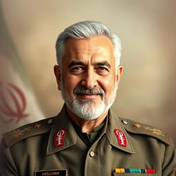 A portrait of Sardar Haj Qassem Soleimani, showcasing his strong characteristics of courage and charisma