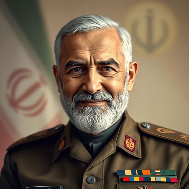 A portrait of Sardar Haj Qassem Soleimani, showcasing his strong characteristics of courage and charisma