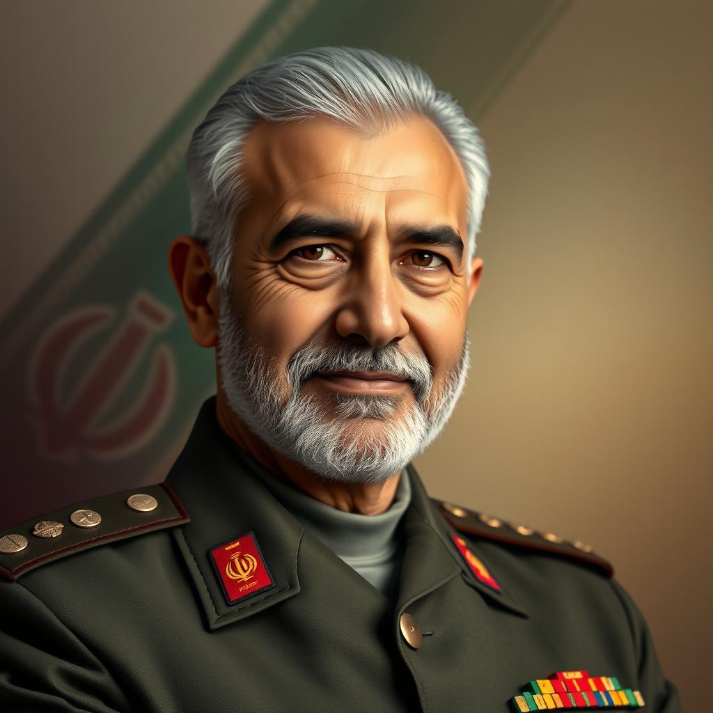 A portrait of Sardar Haj Qassem Soleimani, showcasing his strong characteristics of courage and charisma