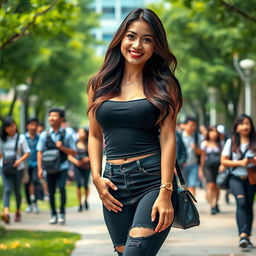 A beautiful Indonesian university student with exceptionally large breasts, exuding a playful and flirtatious vibe