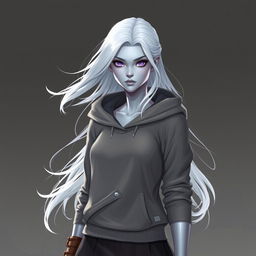 In the style of DnD character art, Lucira is portrayed as a striking figure, characterized by her sleek silver skin that glimmers under the light