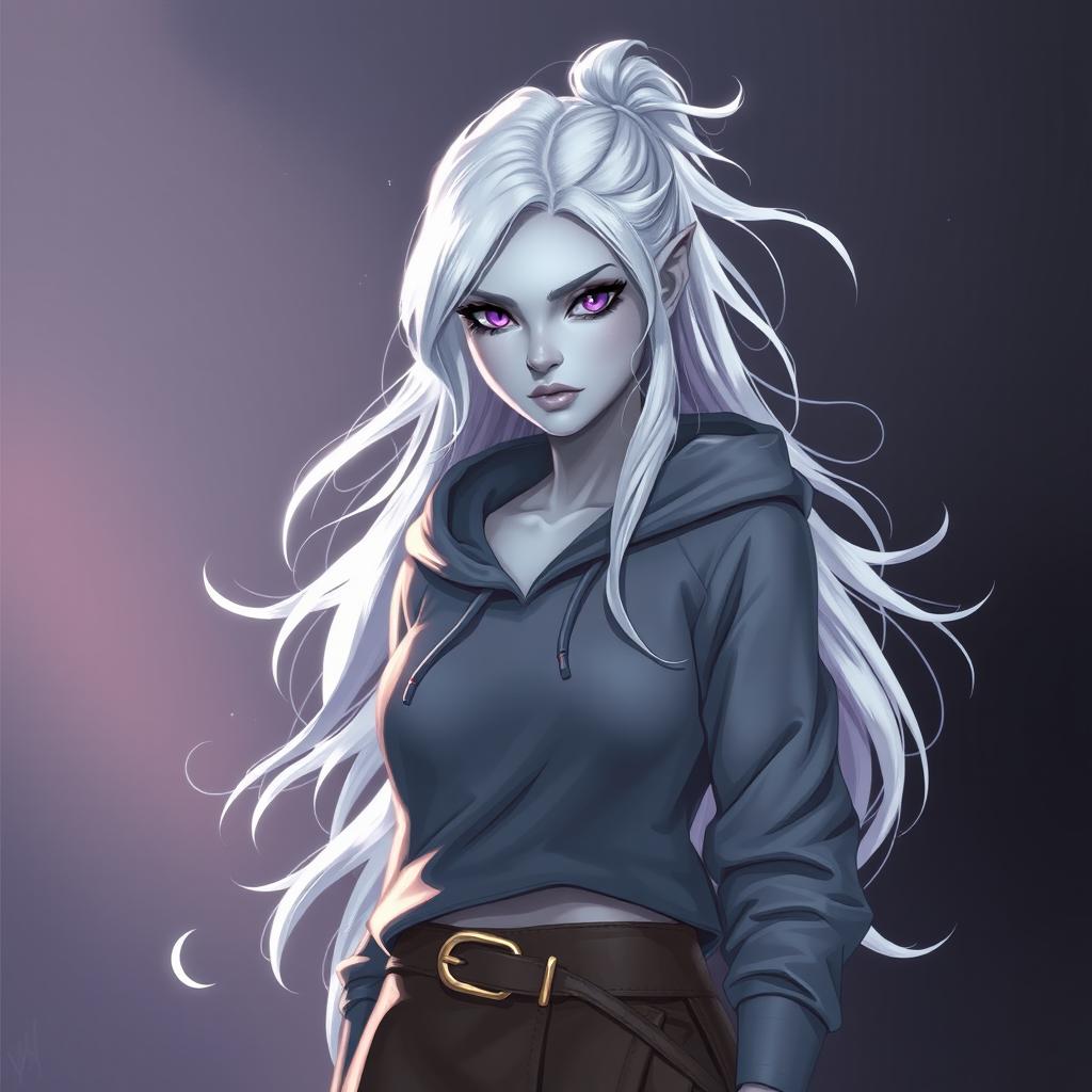 In the style of DnD character art, Lucira is portrayed as a striking figure, characterized by her sleek silver skin that glimmers under the light