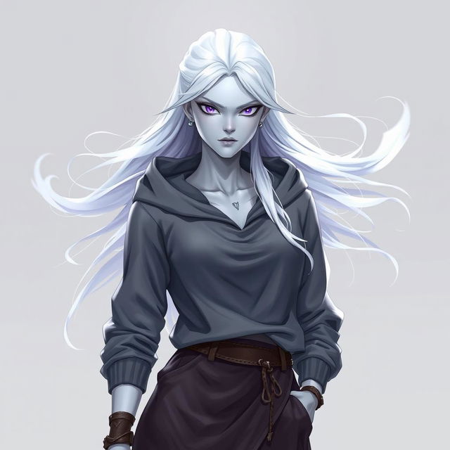 In the style of DnD character art, Lucira is portrayed as a striking figure, characterized by her sleek silver skin that glimmers under the light