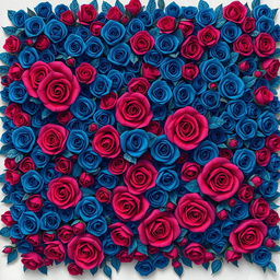 A beautifully intricate illustration of 100 small roses in dense clusters, showcasing vibrant deep blue and red shades