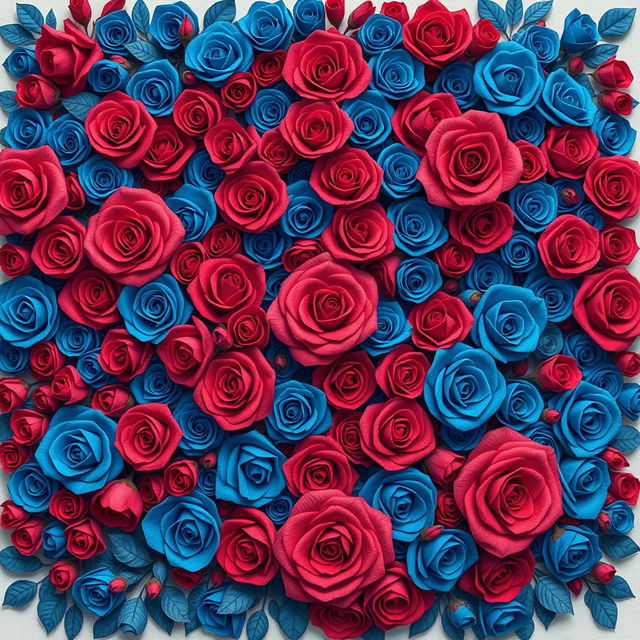 A beautifully intricate illustration of 100 small roses in dense clusters, showcasing vibrant deep blue and red shades