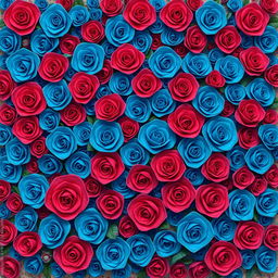 A beautifully intricate illustration of 100 small roses in dense clusters, showcasing vibrant deep blue and red shades