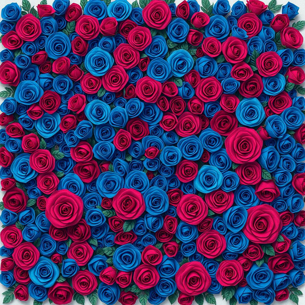 A beautifully intricate illustration of 100 small roses in dense clusters, showcasing vibrant deep blue and red shades