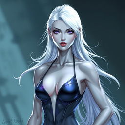 In the style of DnD character art, Lucira is portrayed as a striking figure with sleek silver skin that shimmers under light