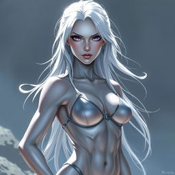 In the style of DnD character art, Lucira is portrayed as a striking figure with sleek silver skin that shimmers under light