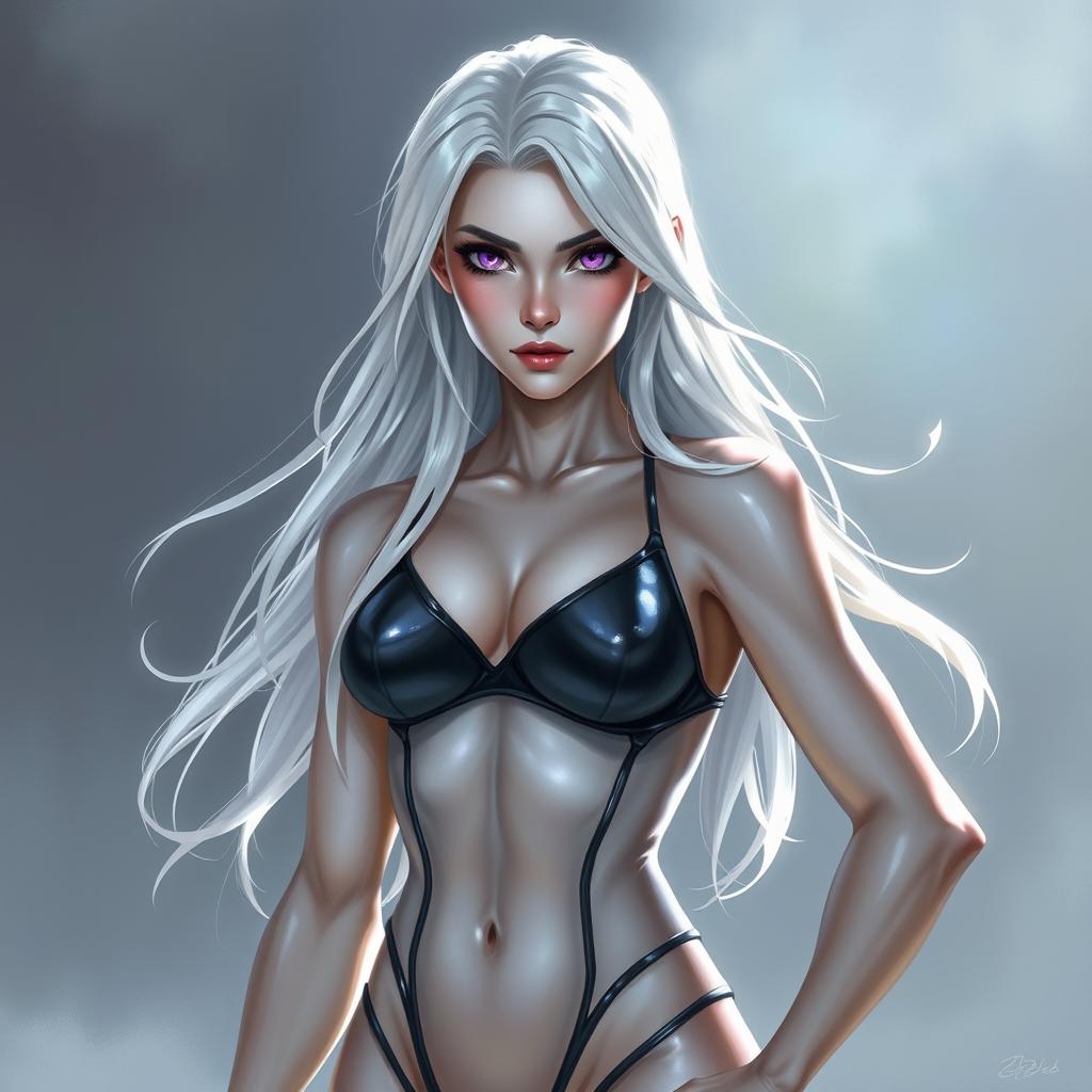 In the style of DnD character art, Lucira is portrayed as a striking figure with sleek silver skin that shimmers under light