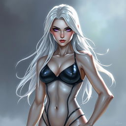 In the style of DnD character art, Lucira is portrayed as a striking figure with sleek silver skin that shimmers under light