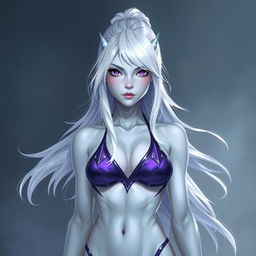 In the style of DnD character art, Lucira is portrayed as a striking figure with sleek silver skin that shimmers beautifully
