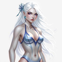 In the style of DnD character art, Lucira is portrayed as a striking figure with sleek silver skin that shimmers beautifully