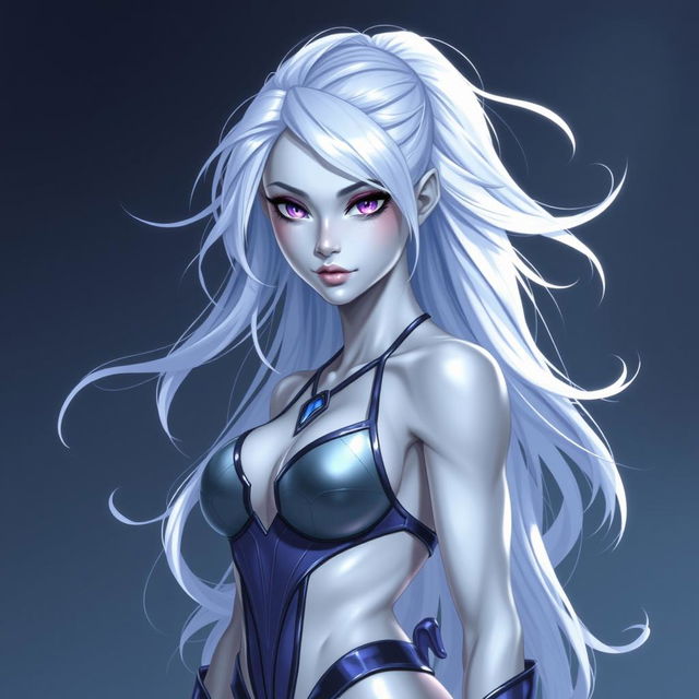 In the style of DnD character art, Lucira is portrayed as a striking figure with sleek silver skin that shimmers beautifully