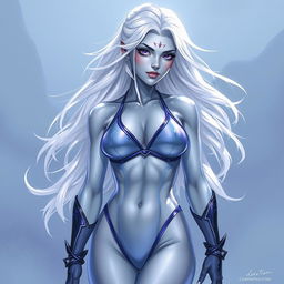 In the style of DnD character art, Lucira is portrayed as a striking figure with sleek silver skin that shimmers beautifully