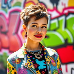 A vibrant and colorful portrait of Leah Kate, showcasing her unique fashion style