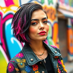 A vibrant and colorful portrait of Leah Kate, showcasing her unique fashion style
