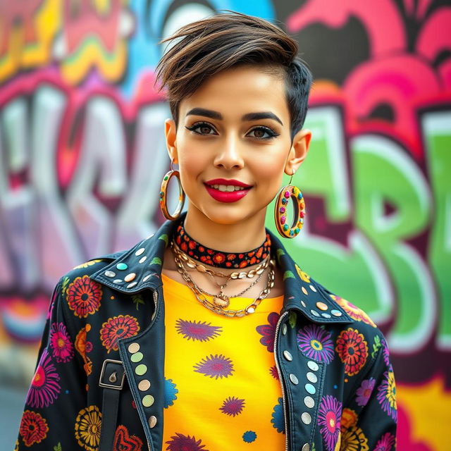 A vibrant and colorful portrait of Leah Kate, showcasing her unique fashion style