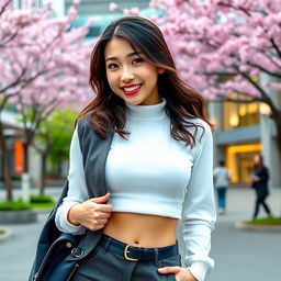 A beautiful and attractive woman with large breasts, representing a confident and flirty South Korean university student