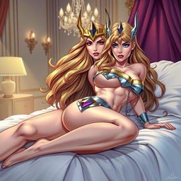 A highly detailed, erotic illustration of She-Ra lying on a bed wearing only her panties
