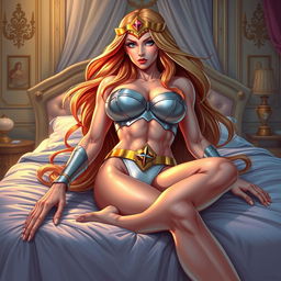 A highly detailed, erotic illustration of She-Ra lying on a bed wearing only her panties