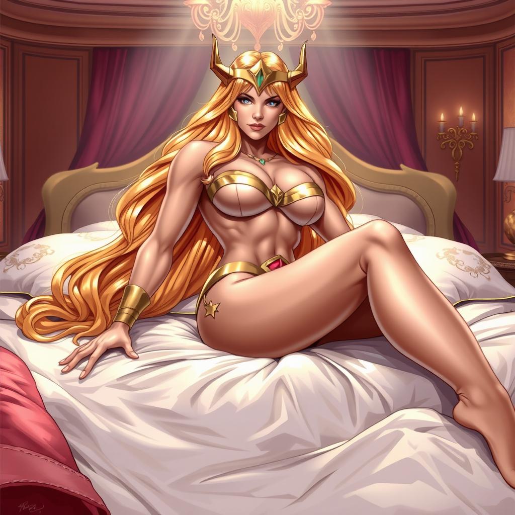 A highly detailed, erotic illustration of She-Ra lying on a bed wearing only her panties