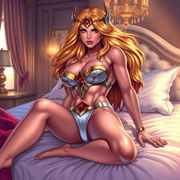 A highly detailed, erotic illustration of She-Ra lying on a bed wearing only her panties