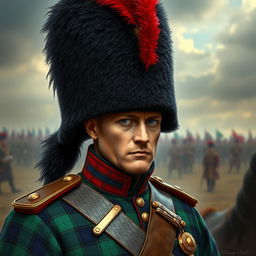 A detailed portrait of a male soldier from the Napoleonic War, wearing a traditional Scots Guard uniform complete with a spectacular tartan pattern, vibrant colors like deep green and blue