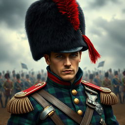 A detailed portrait of a male soldier from the Napoleonic War, wearing a traditional Scots Guard uniform complete with a spectacular tartan pattern, vibrant colors like deep green and blue