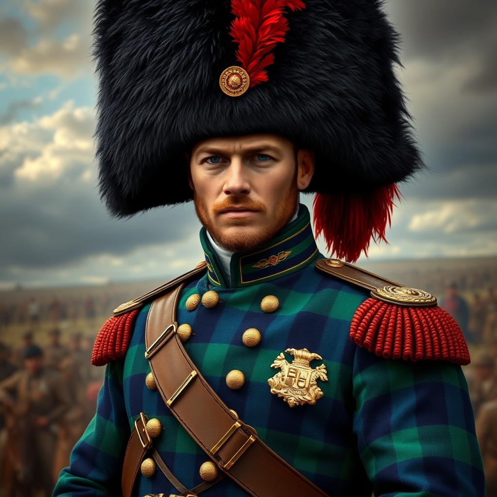 A detailed portrait of a male soldier from the Napoleonic War, wearing a traditional Scots Guard uniform complete with a spectacular tartan pattern, vibrant colors like deep green and blue