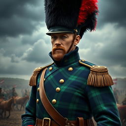 A detailed portrait of a male soldier from the Napoleonic War, wearing a traditional Scots Guard uniform complete with a spectacular tartan pattern, vibrant colors like deep green and blue