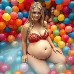 A beautiful 18-year-old girl with long blond hair, showcasing a sweet, thin face and a curvy, sensuous figure