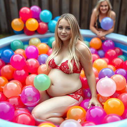 A beautiful 18-year-old girl with long blond hair, showcasing a sweet, thin face and a curvy, sensuous figure