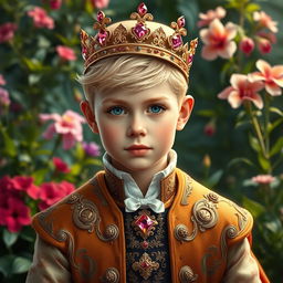 A realistic portrait of a young white boy with blonde hair, dressed elegantly as a duke