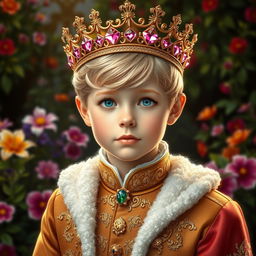 A realistic portrait of a young white boy with blonde hair, dressed elegantly as a duke